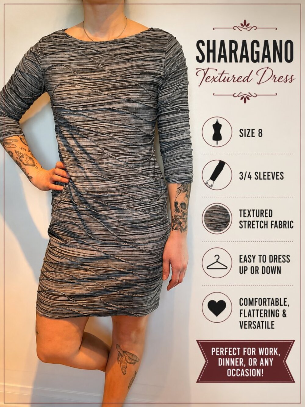 SHARAGANO  Textured Bodycon Dress –  3/4 Sleeves, Career Chic, Capsule, size 8
